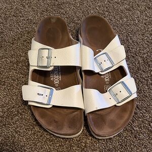 Birkenstock White Sandals with Silver Buckles